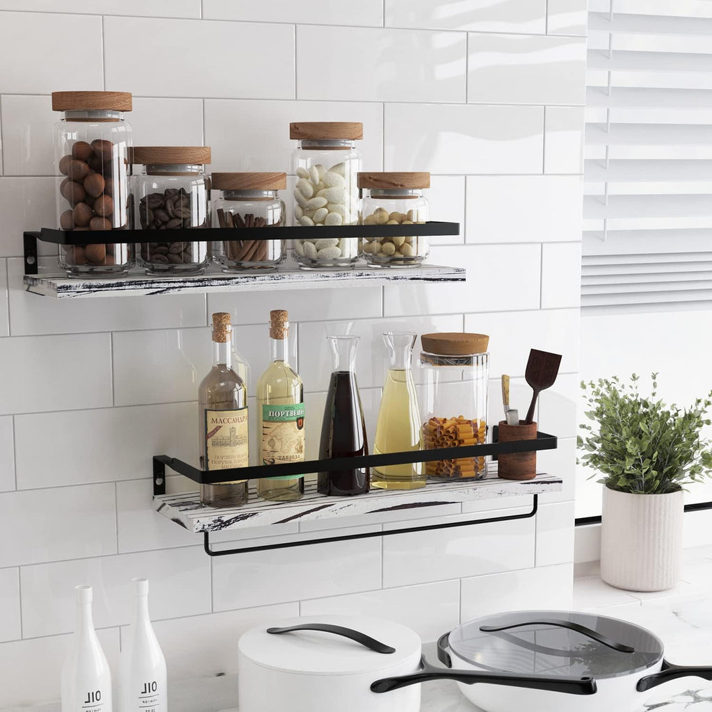 Floating Shelves for Wall, Bathroom Shelves with Towel Bar, Wall Mounted Storage Shelves for Kitchen, Bathroom, Set of 2 Grey
