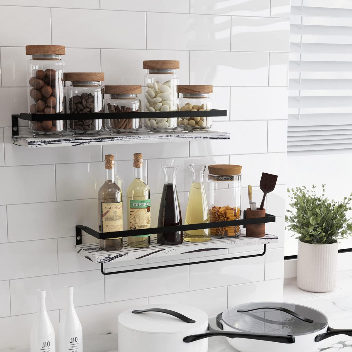 Floating Shelves for Wall, Bathroom Shelves with Towel Bar, Wall Mounted Storage Shelves for Kitchen, Bathroom, Set of 2 Grey