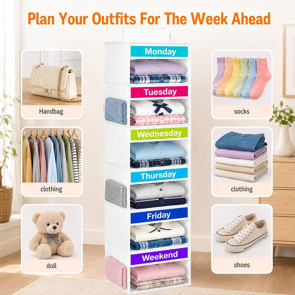6 Shelf Weekly Clothes Organizer for Kids Daily Outfit(White)