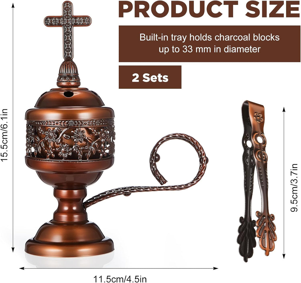 Zonon 2 Sets Incense Burner with Tong, Red Copper, Classic