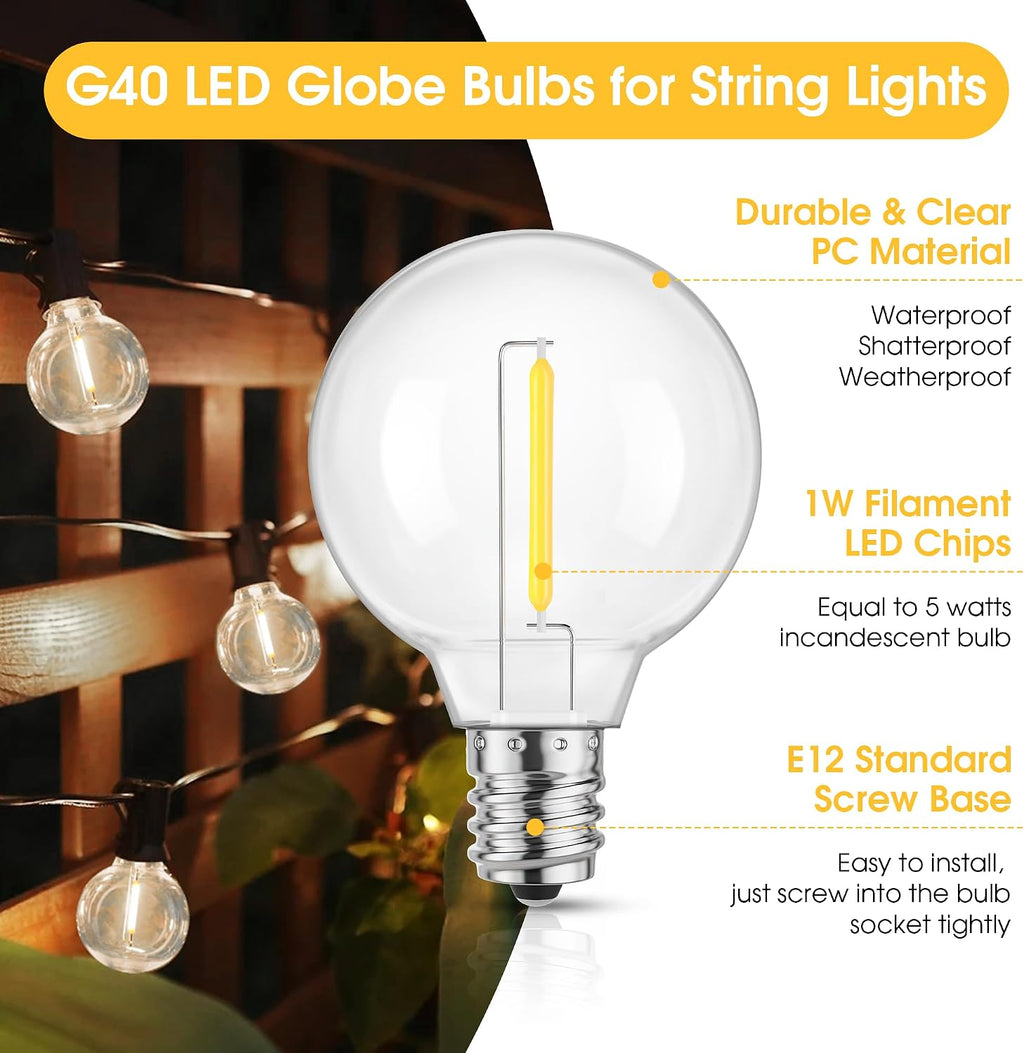 Mlambert 25 Pack G40 LED Replacement String Light Bulbs, E12 Base, 1W,4000K