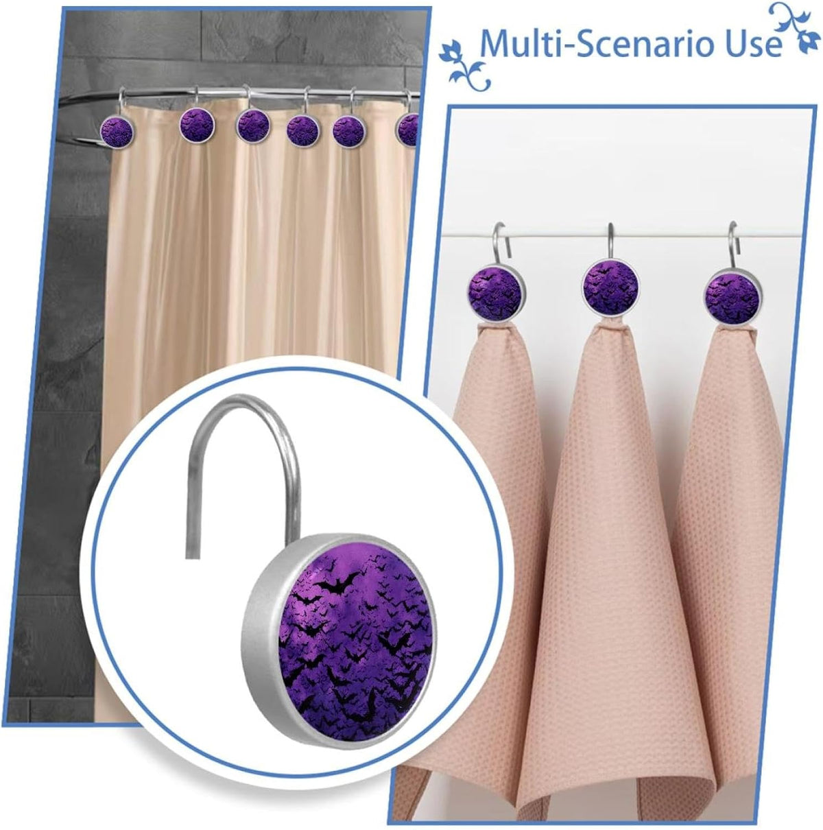 12 PCS Halloween Bats Shower Curtain Hooks, Rustproof Stainless Steel Decorative Shower Curtain Rings Hangers for Bathroom Living Room Bedroom Curtains Rods