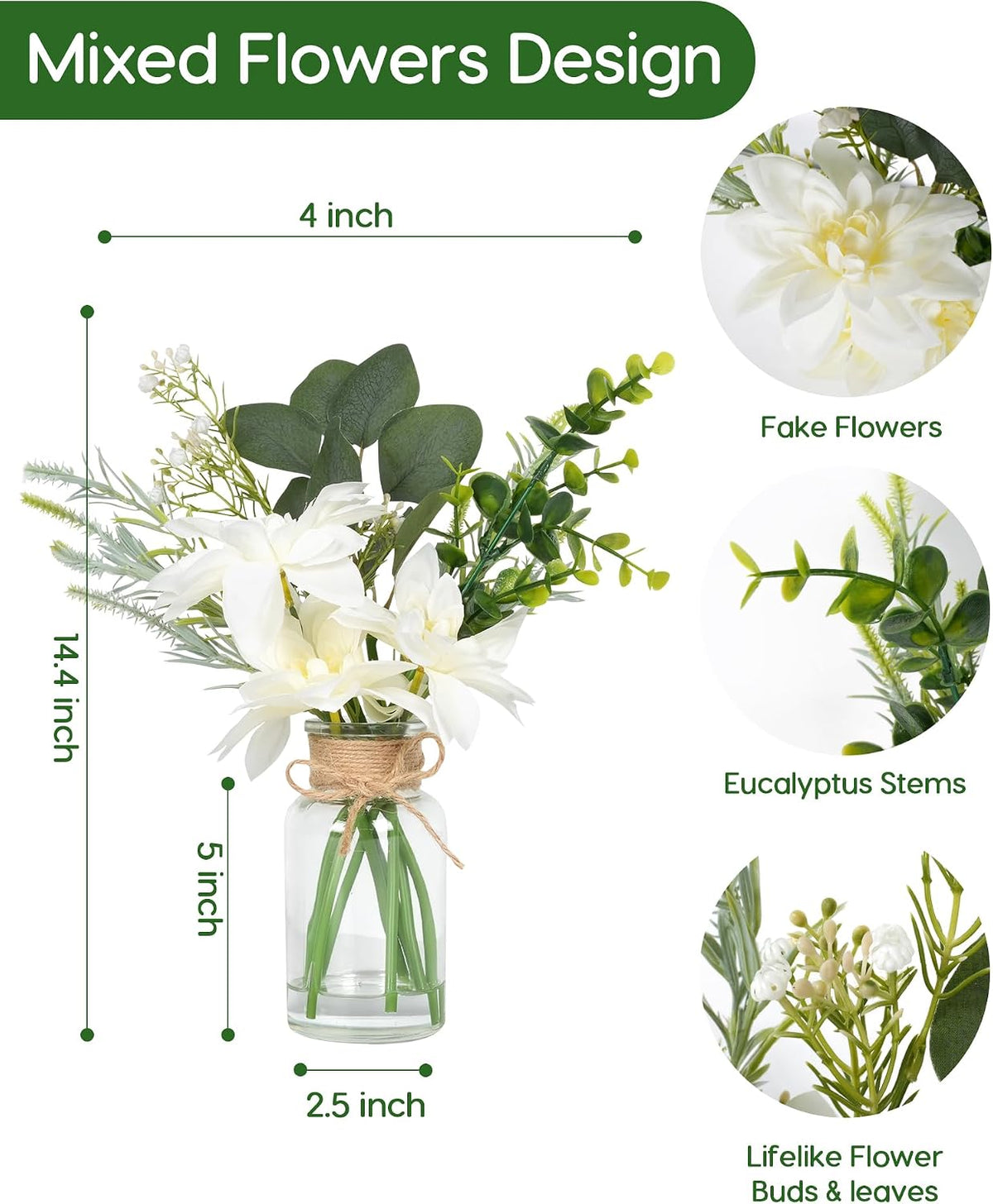 Velener Artificial Flowers with Stems Fake Flowers in Vase with Faux Water, Fake Plants for Home Decor, Office Kitchen Bathroom Farmhouse Living Room Coffee Table Faux Centerpieces for Tables-1 Pack