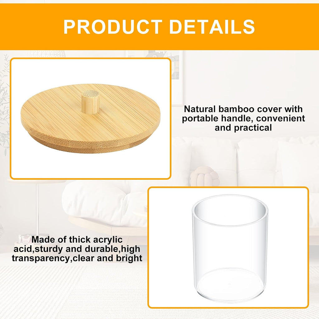 2 Pcs Qtip Holder, Cotton Pads Balls Dispenser Holders, Clear Cotton Swab Makeup Canister, Apothecary Jar Holder Organizer with Bamboo Lid for Bathroom Tabletop Vanity Makeup Storage Box