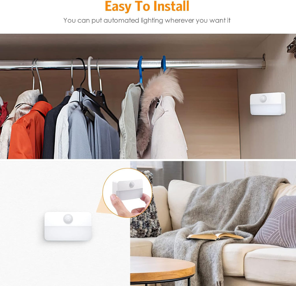 【2 PACK】 Motion Sensor Night Light, Stick-On Motion Sensor Lights Indoor, Battery Powered Under Cabinet Kitchen Lights with Adhesive Pads, Auto/On/Off for Cupboard Wardrobe Stair Kitchen
