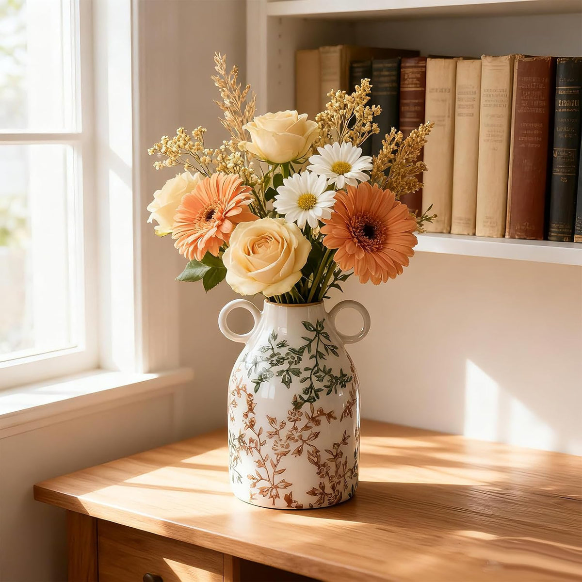 Green Floral Ceramic Vase with Handle, Nordic Boho Small Vases Side Table Flower Centerpiece, Wide Mouth Single Flower Vase Pampas Grass Decorative - for Home Window Sill Living Dining Room Kitchen