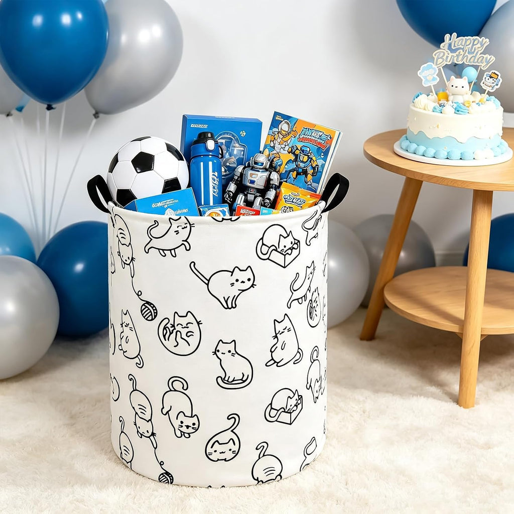 Round Fabric Collapsible Storage Basket with Handles, Black cat