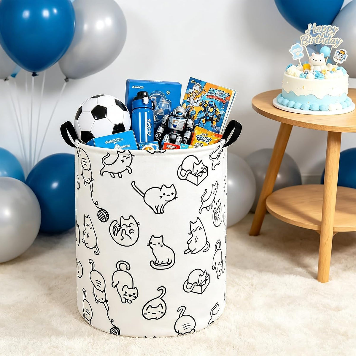 Round Fabric Collapsible Storage Basket with Handles, Black cat