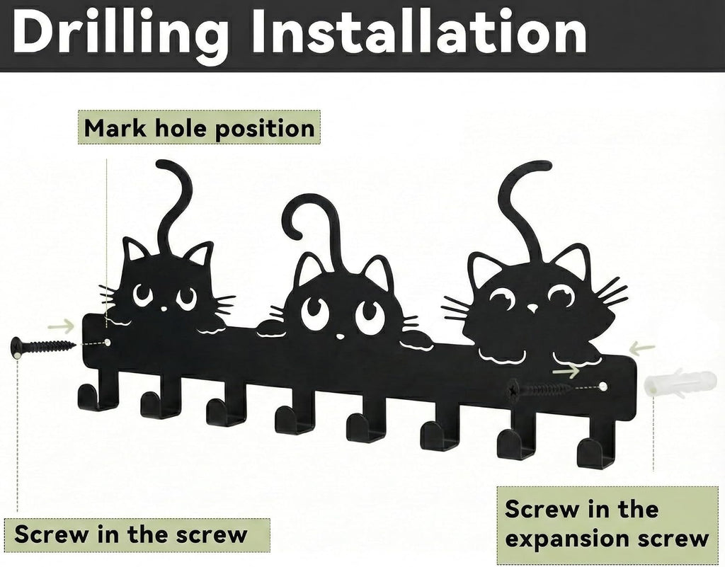 Key Hooks Holder for Wall Mounted with 8 Hooks, Black Cute Cat Key Hanger Rack Wall Decorative for Home, with Mounting Hardware, Dog Leash Holder, Entryway, Hallway, Office Ready to Hang