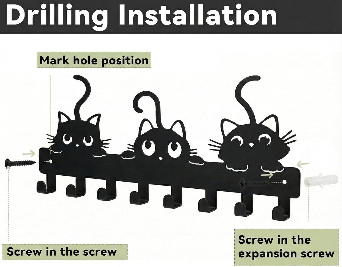 Key Hooks Holder for Wall Mounted with 8 Hooks, Black Cute Cat Key Hanger Rack Wall Decorative for Home, with Mounting Hardware, Dog Leash Holder, Entryway, Hallway, Office Ready to Hang