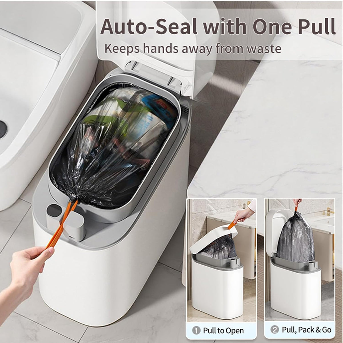 Bathroom Trash Can with Lid, 3.5 Gallon Small Automatic Motion Sensor Garbage Bin with Auto Bag Suction & One-Pull Self Sealing, Slim Smart Touchless Waste Basket for Bedroom, Office, Kitchen, Rv