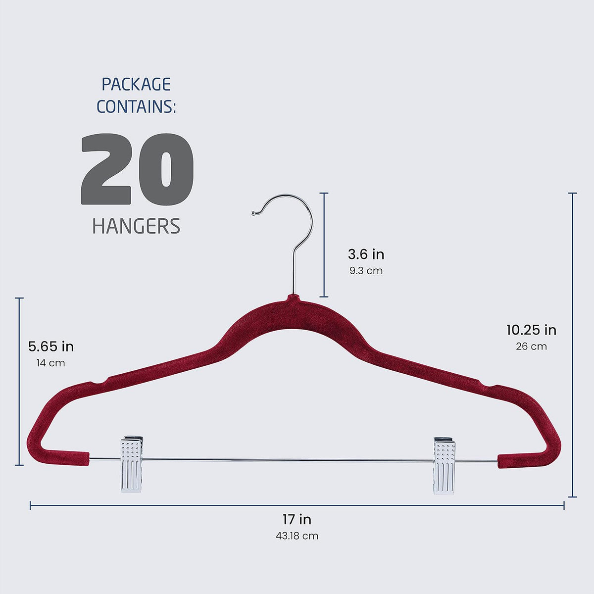 Zober Velvet Hangers with Clips - 20 Piece Set for Pants, Skirts, Suits, Dresses & Shirts - Notched Burgundy Velvet, Non Slip Felt, 360 Degree Hook