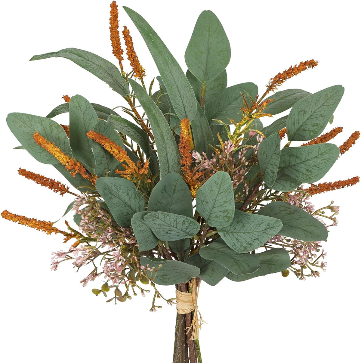 Briful Fall Artificial Eucalyptus Bouquet with Orange Sage Leaves – Autumn Faux Greenery Bush with Raffia Wrap for Farmhouse, Kitchen, Table, and Seasonal Home Décor
