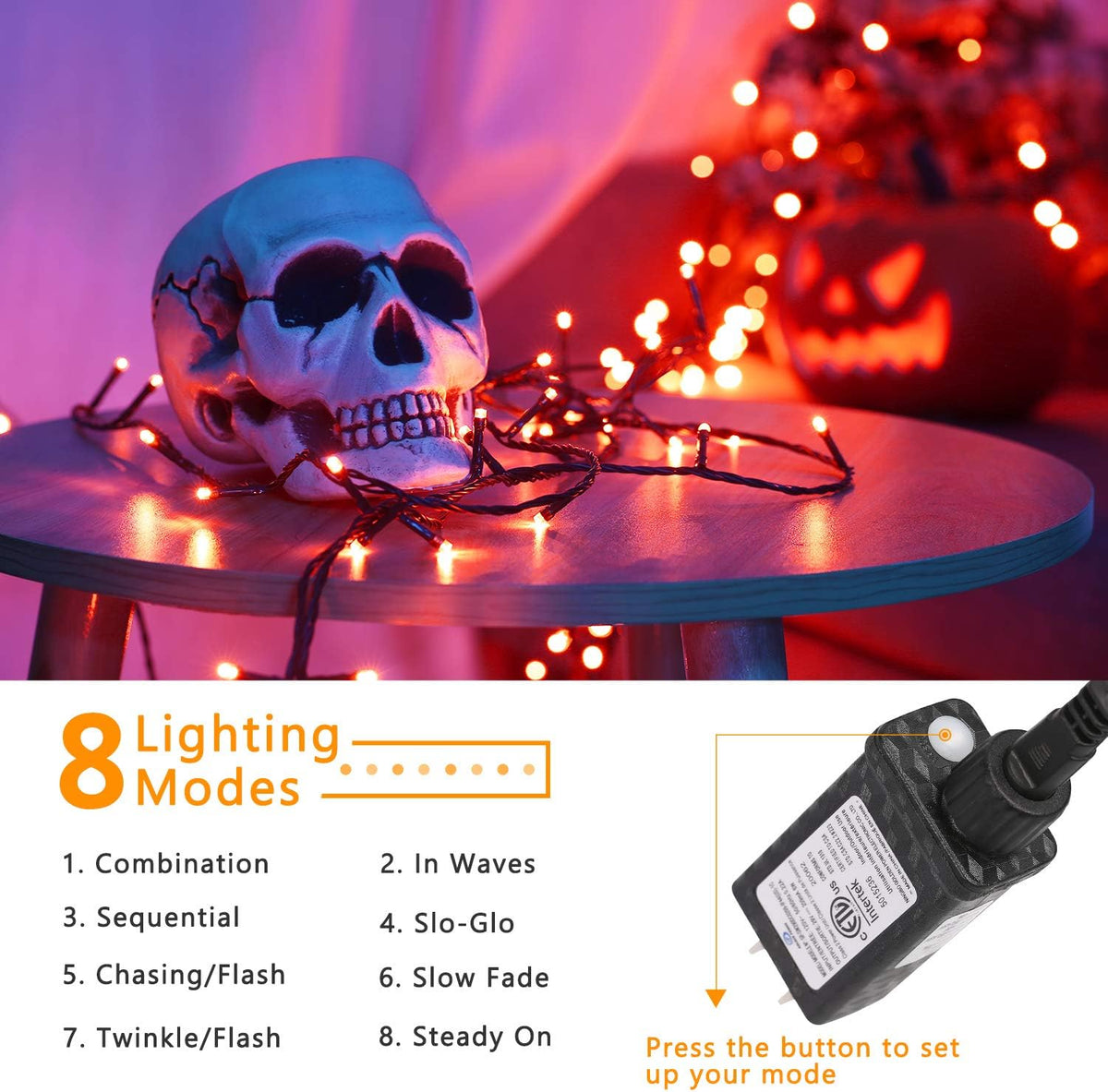 ODEETRONIC Orange Outdoor Halloween String Lights, 98.42 ft 300 LED Plug in