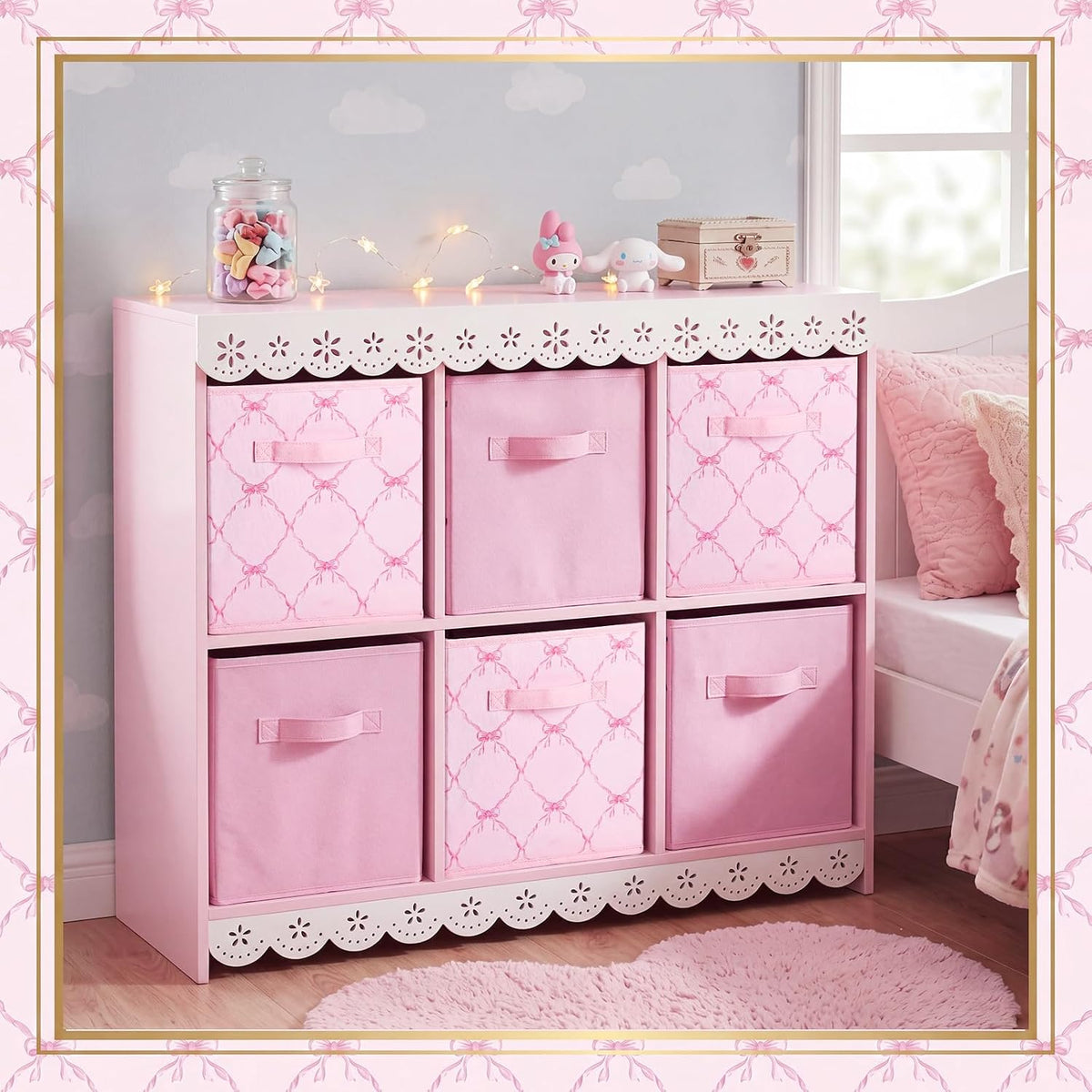 Geelin 6 Pcs Pink and Pink Bow Cube Storage Bins 11 Inch Storage Basket