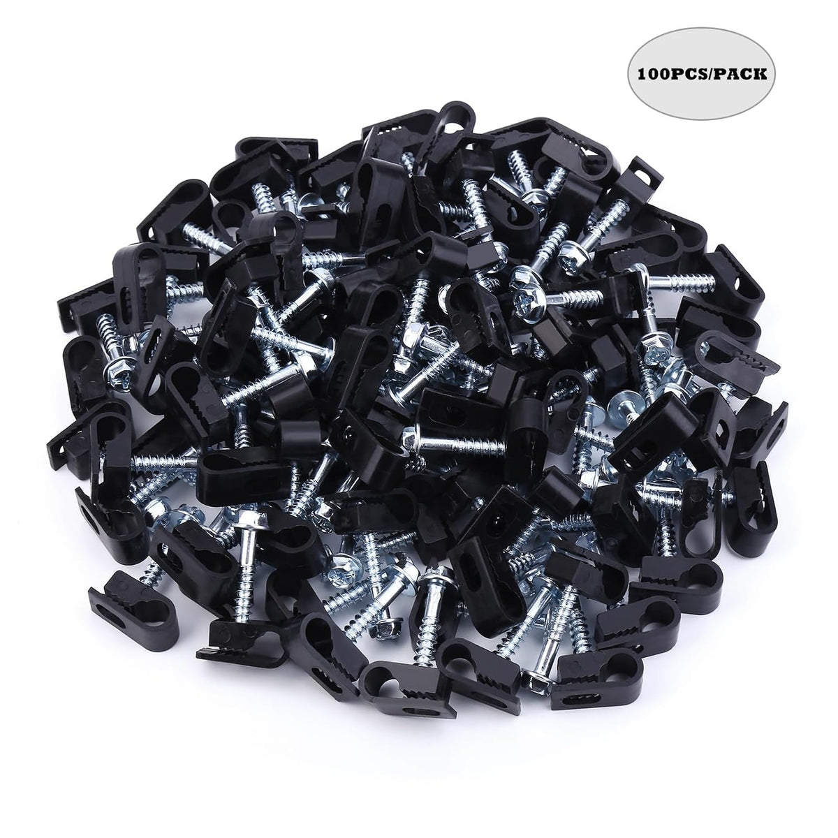 Cable Clips with Screws Fastener 1/4 Inch (6 mm) - All Weather Wire Clips for Coaxial, Ethernet,Electrical Cables,Brick/Stucco Siding Clips, UV-Resistant for Outdoor Wall Mount,100 Pack,Black