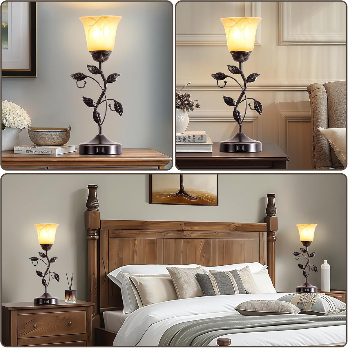 Set of 2 Touch Vintage Bedroom Leaf Table Lamps with 2 USB Ports