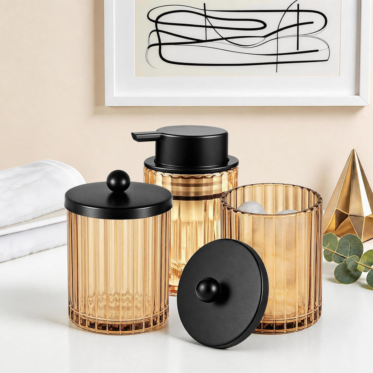 Amolliar Amber Glass Qtip Holder, Apothecary Jar for Bathroom(Black 2 Pack)
