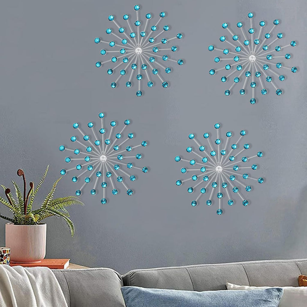 SIYIKRYP Set of 4 Crystal Sunburst Wall Decor – 9.8" Metal Wall Art with Blue Rhinestone Accents – Modern 3D Starburst Hanging Ornaments for Living Room, Bedroom, Office