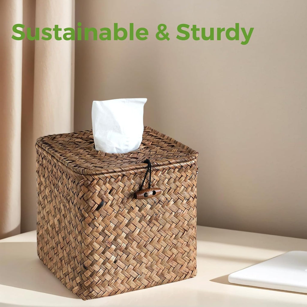 Seagrass Tissue Box Cover Square, Woven Wicker Tissue Box Holder, Brown