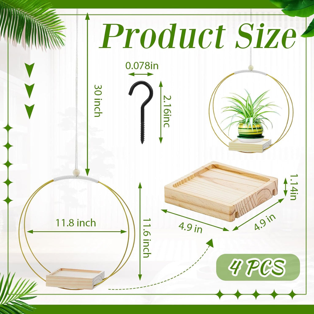 Geelin 4 Pcs Hanging Plant Holder with Wood Base Window Planter Boho, Gold