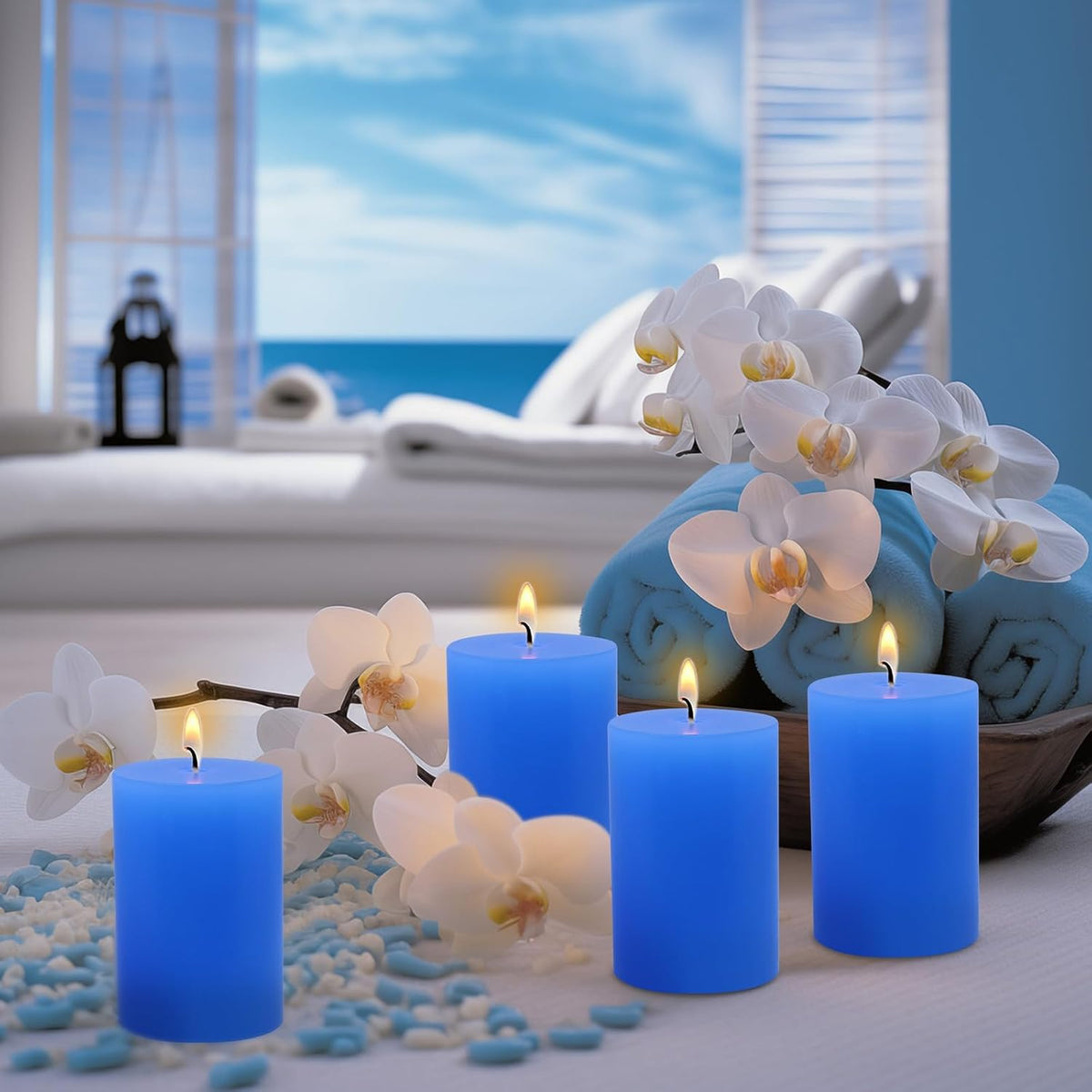 6 Packs 2.75x3.25 Inch Blue Colored Pillar Candles, Unscented Dripless Cylinder Paraffin Wax Candles for Home Table Holiday Party Spa Decor Emergency Power Outage