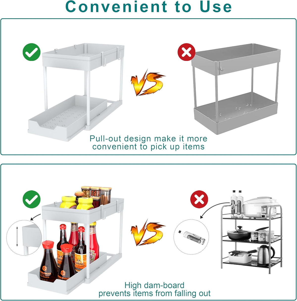 DEKAVA Cabinet, 2 Pack Under Sink Organizer, 2 Tier Sliding Bathroom Kitchen Organizer, Large White ABS Baskets, Easy Install & Clean
