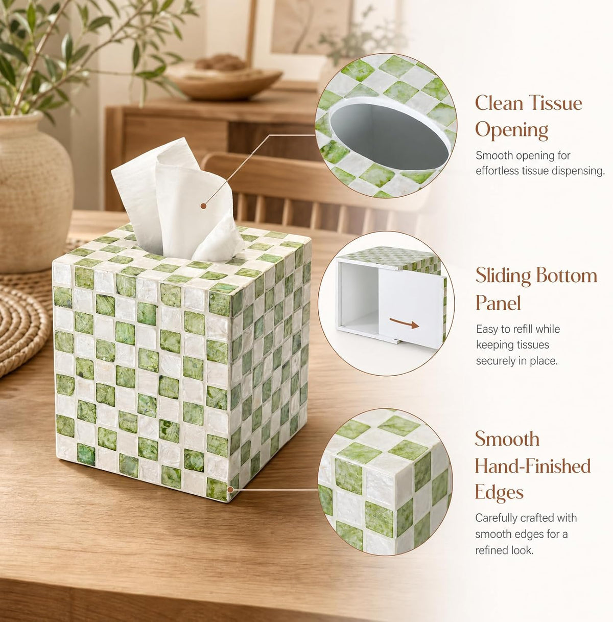 YANGQIHOME Capiz Shells Tissue Box Cover, Handmade Decorative Tissue Box Holder with Mother of Pearl, Square Facial Tissue Holder for Bathroom, Living Room, Kitchen, 5.5" x 5.5" x 5.9" (Green)