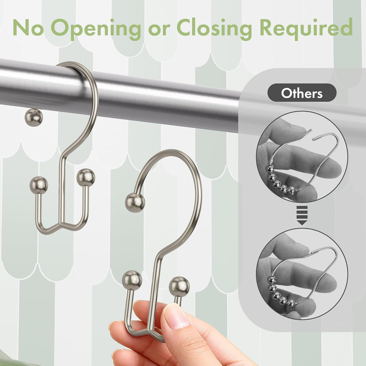 Amazer Nickel Shower Curtain Hooks, 12PCS Minimalist Simple Double Shower Curtain Rings, Rust-Resistant Metal Shower Hooks Shower Curtain Hangers, Shower Rings for Bathroom Shower Rods Curtains