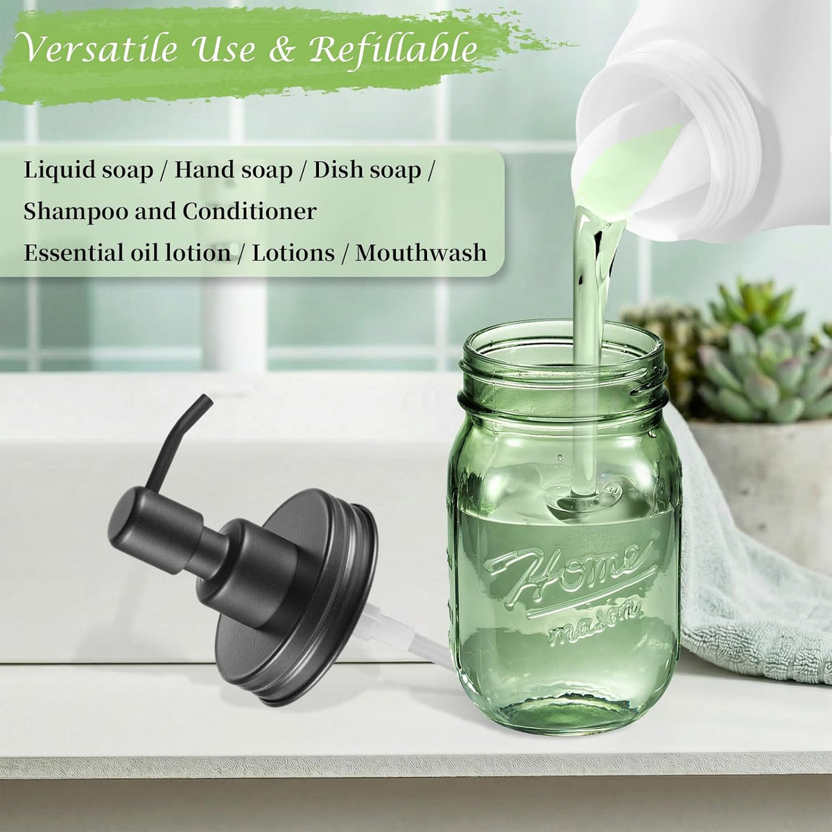 Amolliar Green Glass Mason Jar Liquid Soap Dispenser, 16OZ, Black 2 Pack