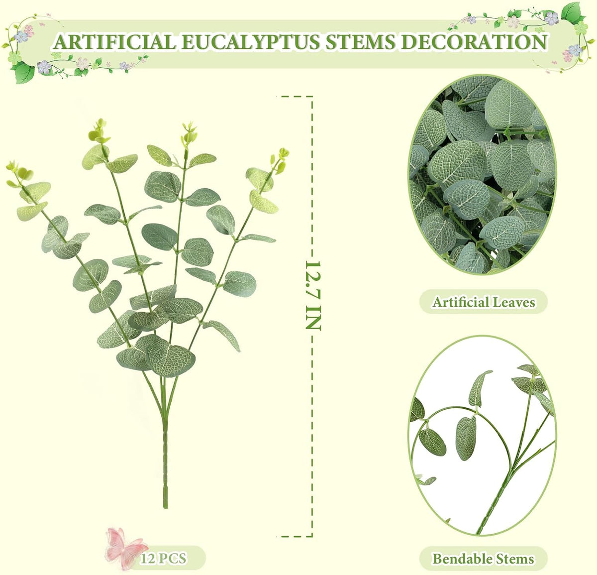 MEILIDY Artificial Eucalyptus Stems, Faux Foliage Branches, Green, 12 Pcs