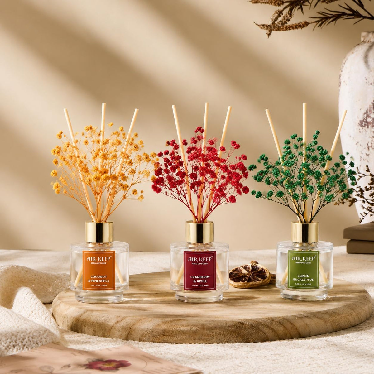 Airkeep Reed Diffuser Set of 3, Coconut Pineapple Lemon Eucalyptus Cranberry Apple Oil Reed Diffusers for Bedroom Living Room Office Aromatherapy Oil Reed Diffuser for Gift 50ml x 3