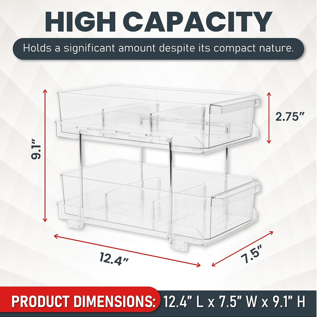 Masirs 2-Tier Clear Pull-Out Drawer Organizer - Sleek, Compact & Sturdy Makeup and Closet Organizer - Easy Assembly Kitchen Storage Solution, Ideal for Makeup, Tools, Medicines & Snacks