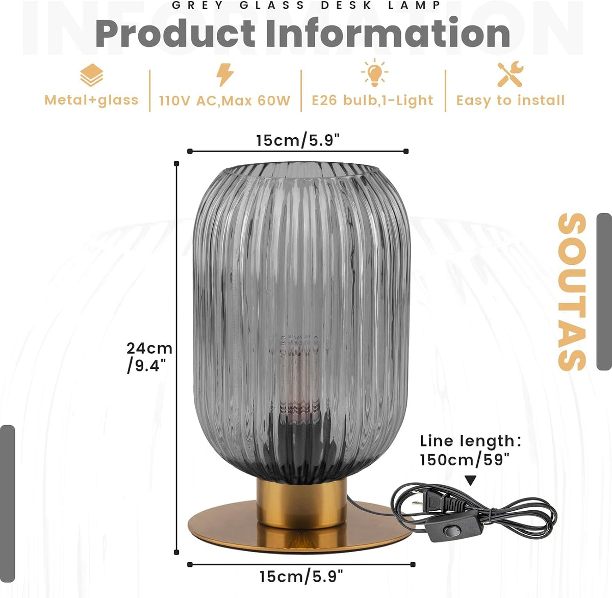 Small Lamp for Nightstand, Smoke Glass Table Lamp Grey Bedside Table Lamp with Gold Metal Base, Vintage Bedside Lamp Mid Century Modern Plug in Table Lamps for Bedroom Living Room Office Study