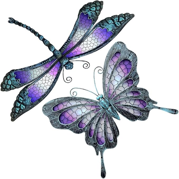 POXOHO Metal Butterfly & Dragonfly Outdoor Wall Decor Art Set of 2