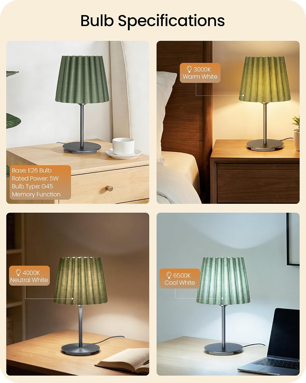 Small Bedside Table Lamps Set of 2, Dimmable Table Lamps with 3 Adjustable Color Temperatures, Nightstand Lamps with 2 Bulbs, E26 Base, for Bedroom, Study, Desk, Green and Black J15TLP205