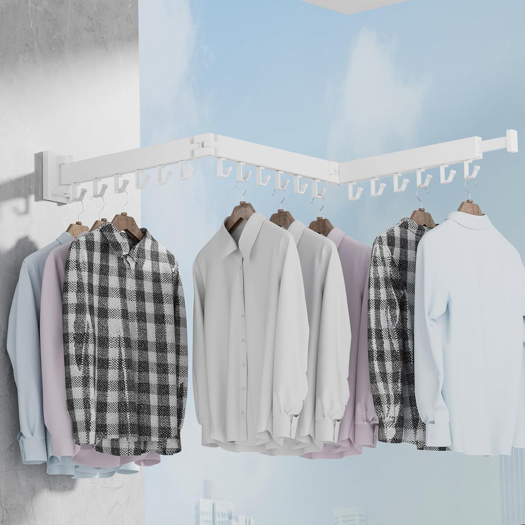 Dr.DJ Clothes Drying Rack for Laundry, Retractable Clothes Hanger Rack Wall Mounted Folding Indoor, Drying Rack, Space Saver Clothes Rack,Collapsible (Tri-Fold) with 18 J-Hooks Laundry Rack White