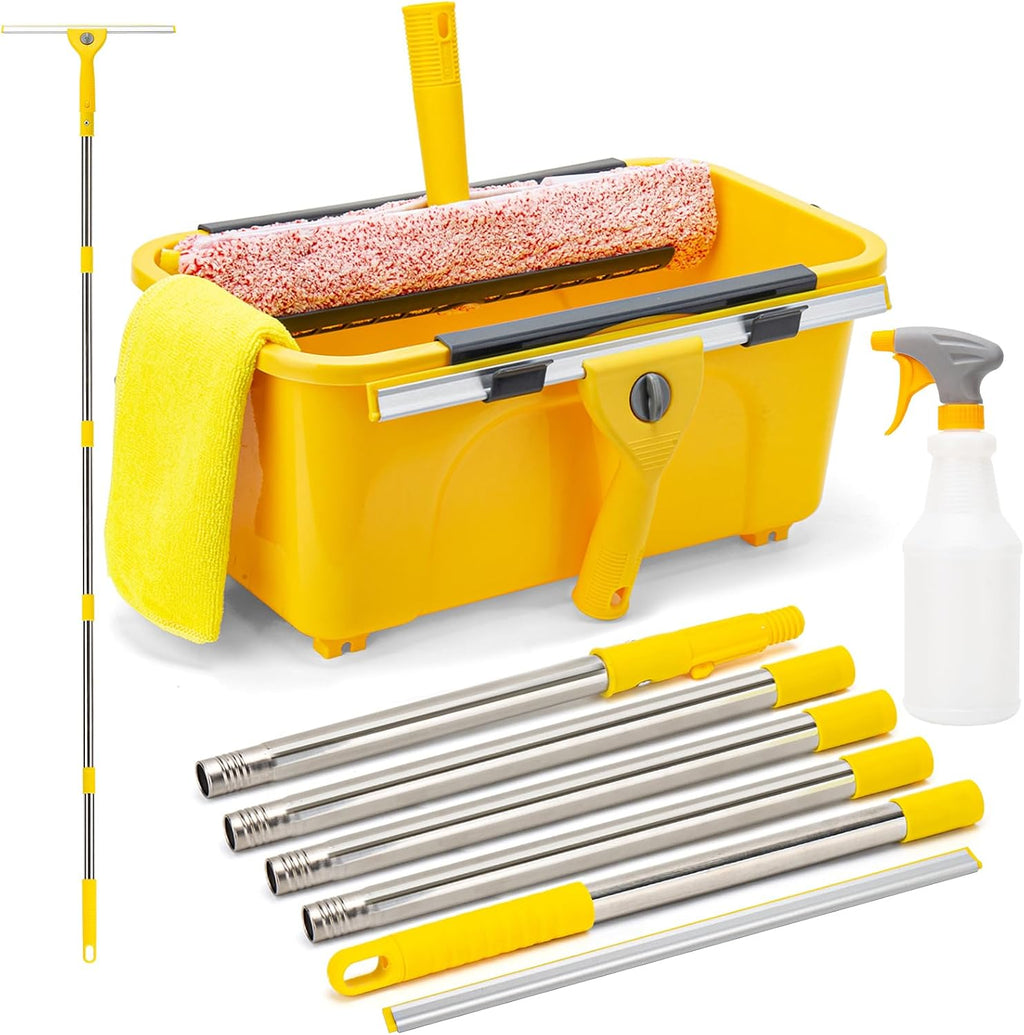 Professional Window Cleaning Kit with 3 Gallon Bucket, 6 Ft Long Handle Glasses Cleaner Squeegee with Spray Bottle and Scrubber for Home and Commercial Use, Car Windshield Washing Tool, Yellow