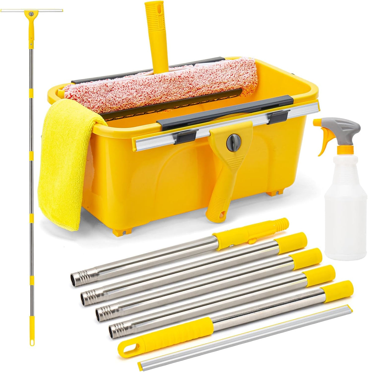 Professional Window Cleaning Kit with 3 Gallon Bucket, 6 Ft Long Handle Glasses Cleaner Squeegee with Spray Bottle and Scrubber for Home and Commercial Use, Car Windshield Washing Tool, Yellow