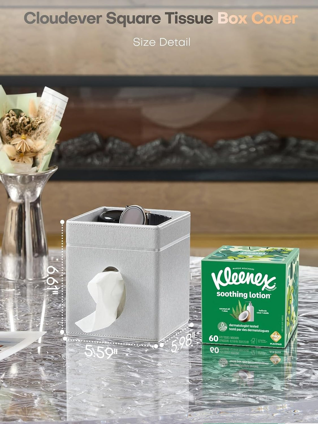 Square Tissue Box Cover Holder with Tray Compatible with Kleenex/Puffs Cubes,Patented Metal-Look PU Leather (Liquid Iridium)