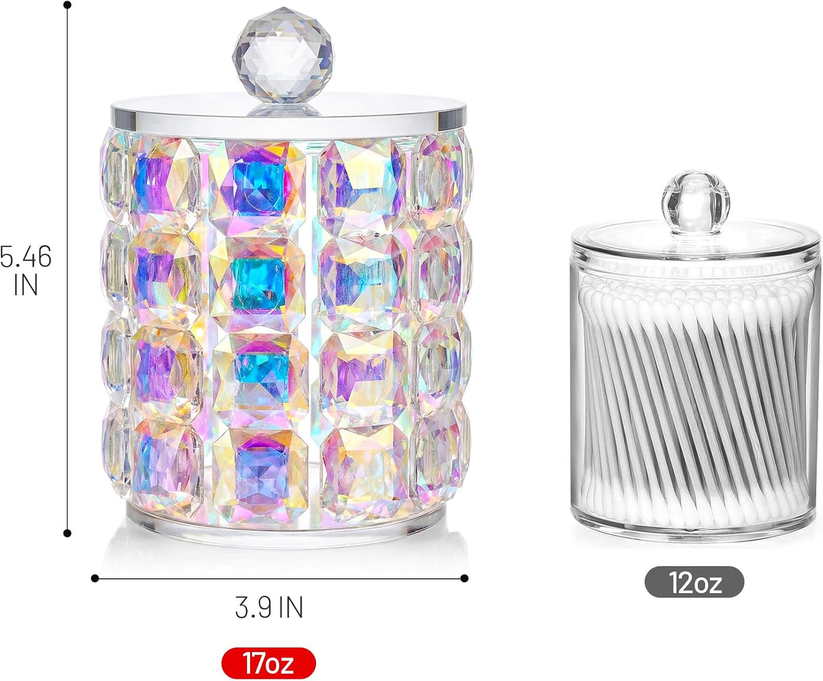 Crystal Qtip Holder Dispenser, 17oz Bathroom Canisters with Lid for Cotton Balls,Swabs,Floss Picks,Hair Accessories, Iridescent Glass Apothecary Jars with Lids,Vanitys Bathroom Organizer and Storage