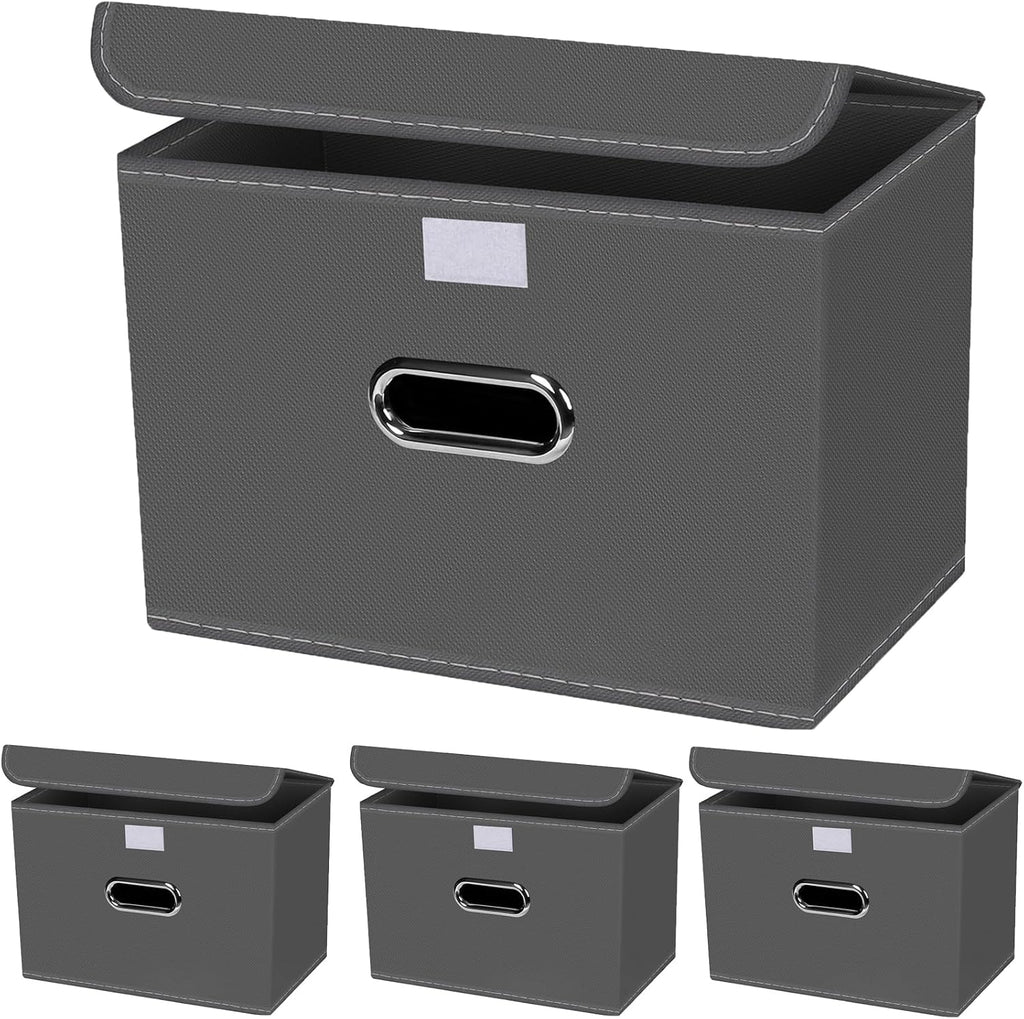 4-Pack Large Collapsible Storage Bins with Lids,Fabric Storage Cubes Organizer for Shelves,Closet,Nursery,Foldable Cube Storage Baskets with Handles,Home Boxes (14.9"x9.8",Grey)