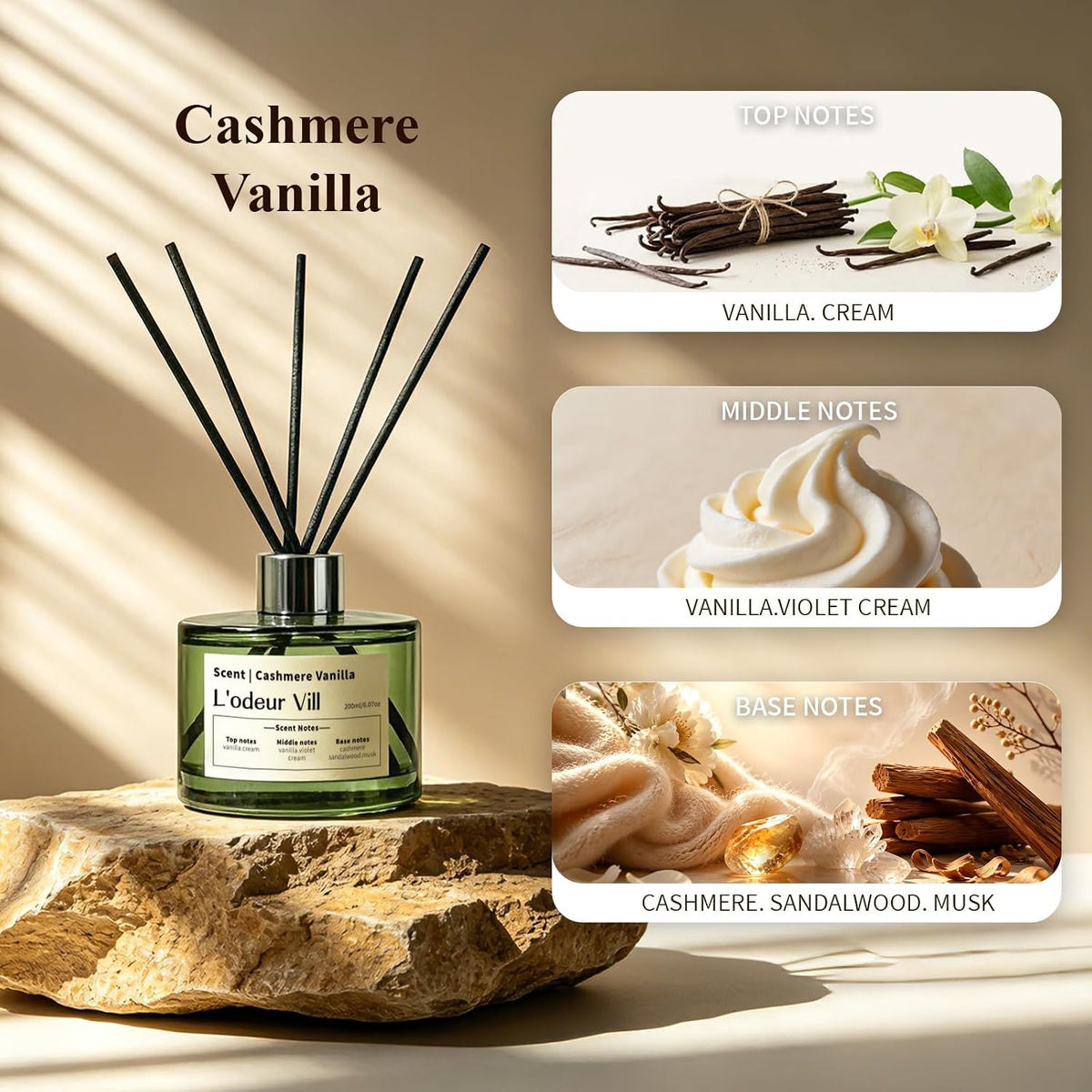 L'odeur Vill Reed Diffuser Set, 6.7 fl oz(200ml) Scent Diffuser with 6 Reed Sticks, Cashmere Vanilla Oil Diffuser Home Fragrance Bathroom & Office Shelf Decor