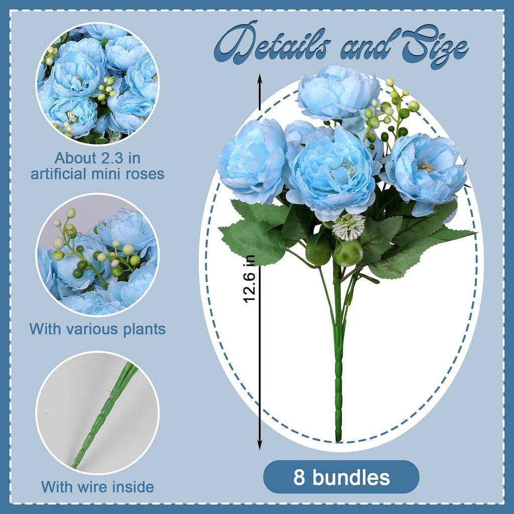 8 Bundles Peonies Artificial Flowers Blue Fake Silk Peonies Bouquet Faux Peonies Flowers Bulk for Home Decoration Vase Florals Arrangements Wedding Party Table Centerpiece