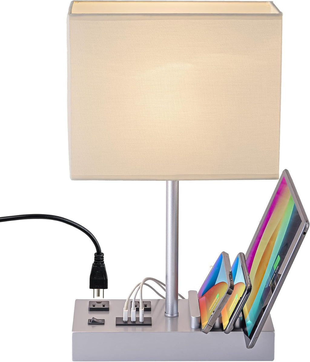 Multi-Functional Table Lamp with 3 USB Charging Ports & 2 AC Outlet, Silver