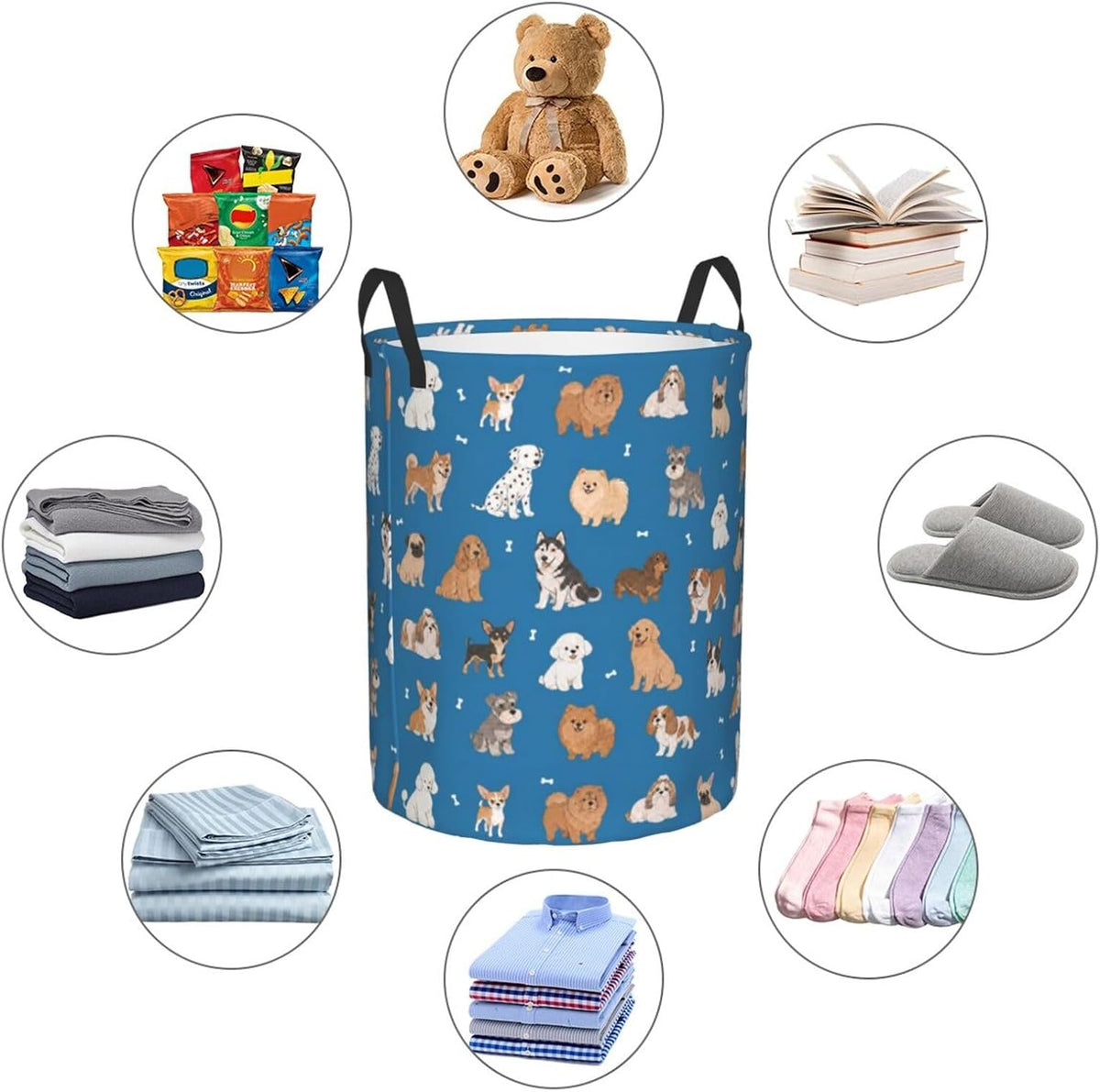 Cute Dog Animals Blue Round Laundry Hamper Storage Basket Toys Clothes Organizer Bin For Home Bathroom Bedroom Dorm Nursery, 38l