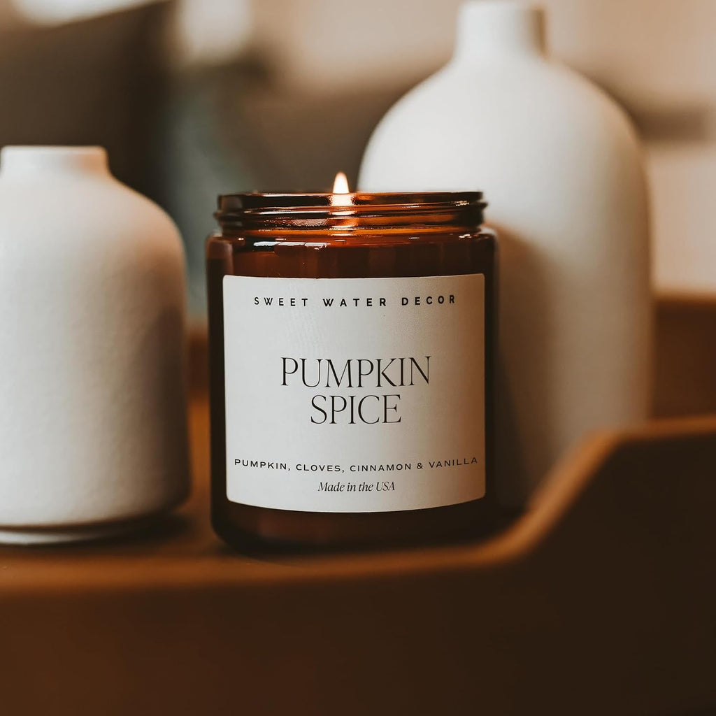 Sweet Water Decor Pumpkin Spice Candle, 9oz Amber Glass Jar, Fall