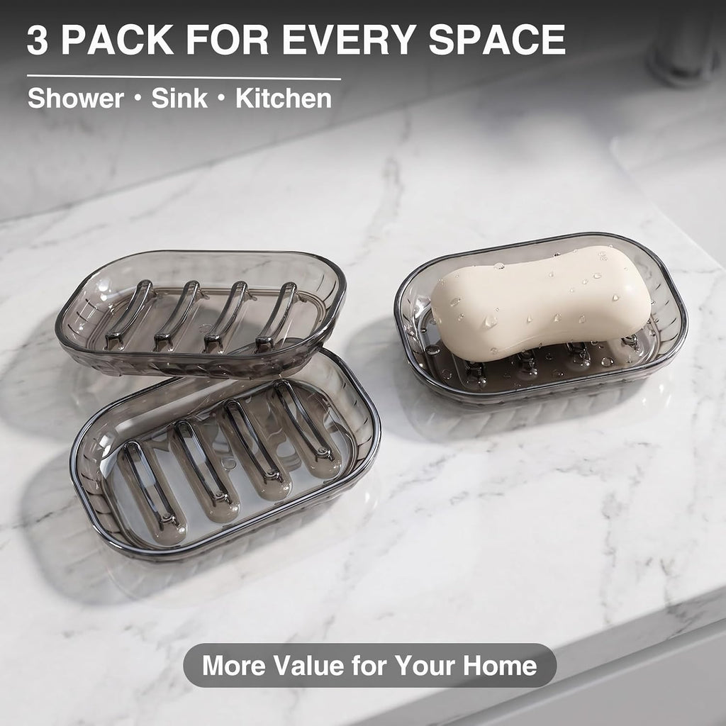 Smoky Gray Clear Soap Dish 3 Pack, Self Draining Bar Soap Holder with Raised Ridges, Modern Transparent Soap Tray for Bathroom Shower, Kitchen Sink, Bathtub, Quick Dry Soap Saver for Shower
