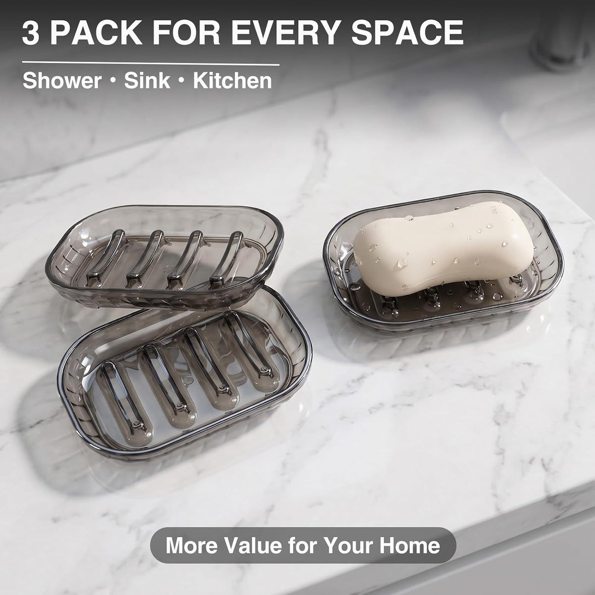 Smoky Gray Clear Soap Dish 3 Pack, Self Draining Bar Soap Holder with Raised Ridges, Modern Transparent Soap Tray for Bathroom Shower, Kitchen Sink, Bathtub, Quick Dry Soap Saver for Shower
