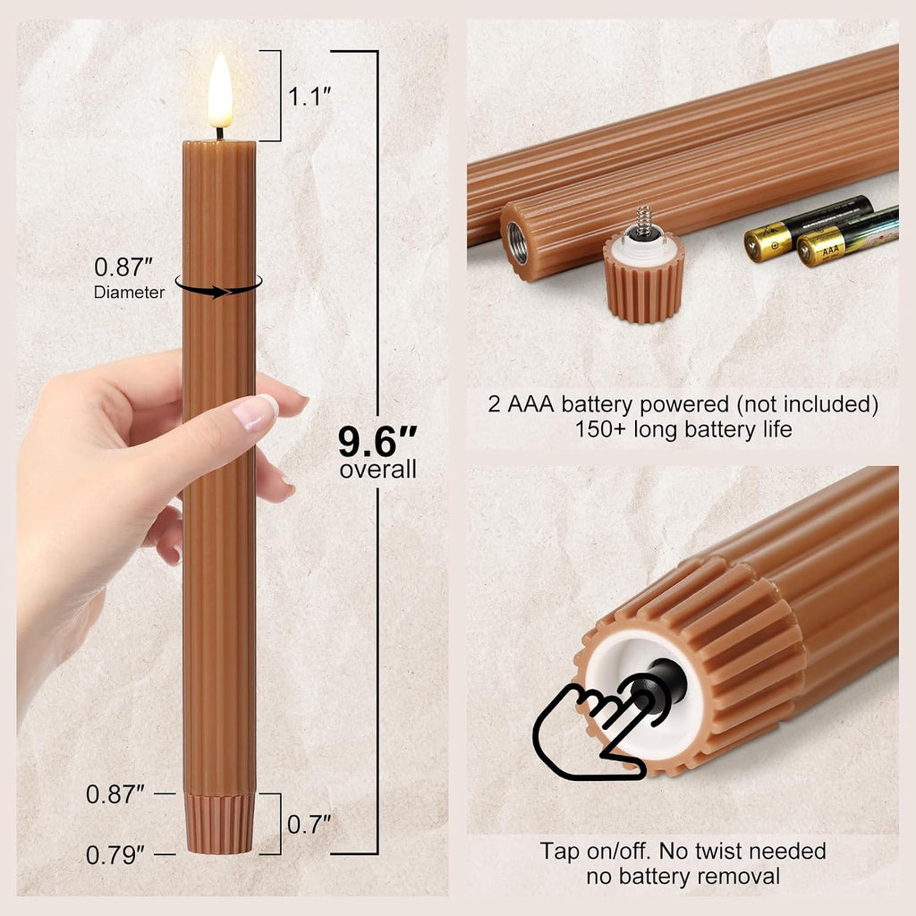 Brown Ribbed Fall Flameless Taper Candles with Remote Set of 4